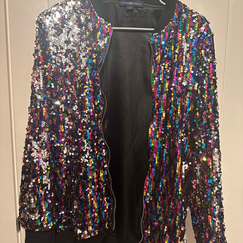 SHEIN Black Bomber Jacket with Iridescent Sequins